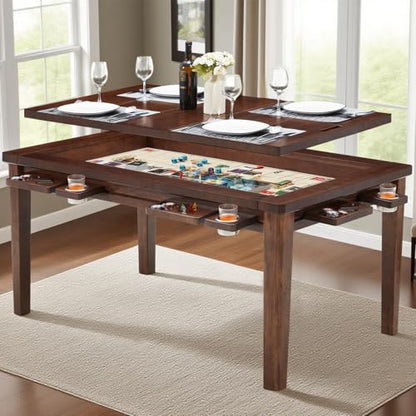 Haddockway 63" ×39“ Board Game Table with Removable Top, Solid Wood Dining/Gaming Table for 4-6 Players with Play Mat, 6 Detachable Cup Holders & 6 Hobby Trays (Warm Walnut) - color: Warm Walnut