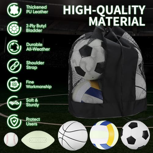 Sratte 5 Pcs Glow in The Dark Sport Ball Set for Kid Teen Official Size Football Basketball Soccer Ball Volleyball Baseball with Carry Bag and Pump Back to School Gift