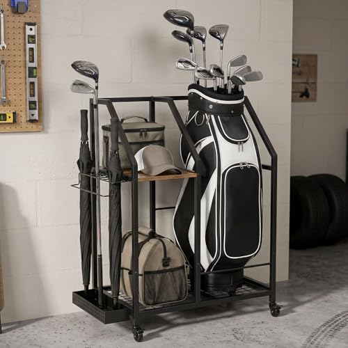 Golf Storage Organizer for Garage,Golf Bag Storage Rack | Smooth Rolling Wheels, Multi Storage Zones, Holds Golf Bags & Clubs, Heavy-Duty Frame, Space-Saving Garage Organizer