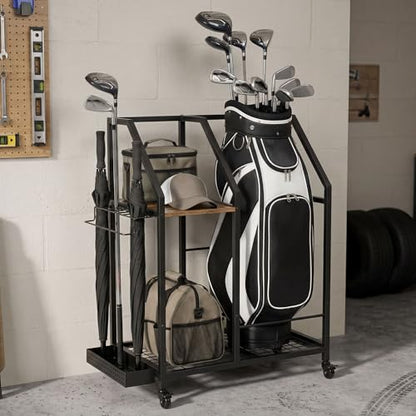 Golf Storage Organizer for Garage,Golf Bag Storage Rack | Smooth Rolling Wheels, Multi Storage Zones, Holds Golf Bags & Clubs, Heavy-Duty Frame, Space-Saving Garage Organizer