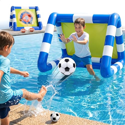 Funscape Kids Soccer Pool Toy, 2-in-1 Inflatable Float Soccer Goal & Ball Toss Water Game, Toddler Outdoor Football Backyard Game, Summer Beach Pool Party Gift 3 4 5 6 7 8 10 12 Year Old Boy Girl Teen - style: Striped Pattern