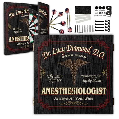 Personalized Dart Board Cabinet Set with 6 Steel Tip Darts, Paper Fibre Dartboard, Chalk & Eraser (21.5 x 21.5 x 2.75") - Occupational Man Cave Dart Boards for Adults - Anesthesiologist (402) - style: Anesthesiologist Dartboard & Cabinet Set