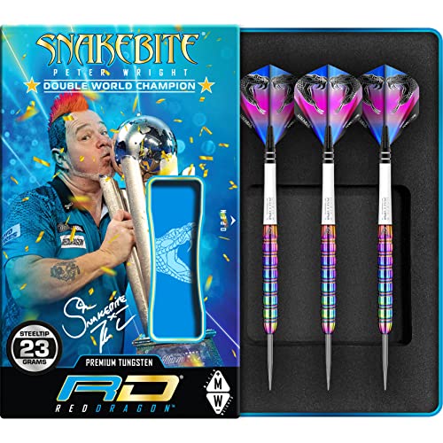 RED DRAGON Peter Wright Snakebite 1 Professional Darts Set - 85% Tungsten Darts with Flights & Shafts - Available in Soft Tip 16g Barrel/18g Full Weight and Steel Tip 22g - 24g - size: 23g