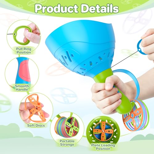Outdoor Toys for Kids Ages 4-8, 4 Pack Flying Disc Launcher Toy for Kids, Outside Yard Manual Capture Game Toys for Toddlers 3-5, Flying Catching Games for Boys Girls Christmas Easter Birthday Gifts