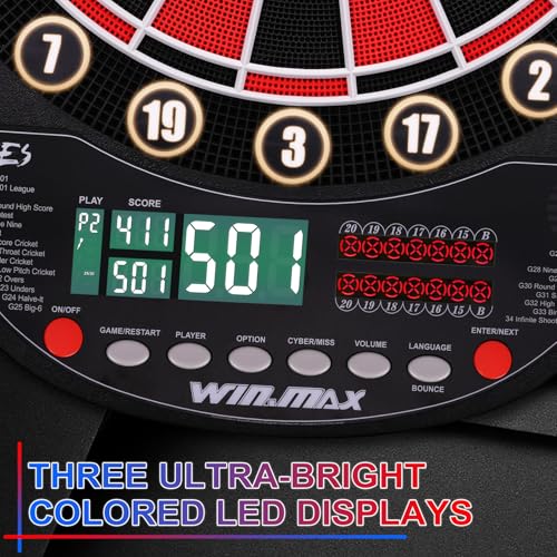 WIN.MAX Electronic Dart Board Soft Tip Dartboard Set LED Displays 3 Languages with 12 Darts 100 Tips Power Adapter - color: RED/BLACK WITH LIGHTS