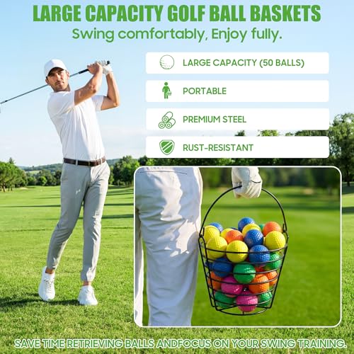 10L0L 2 Pack Metal Golf Ball Basket with Handle, Holds 50 Balls Each, Driving Range Practice Ball Bucket, Black (GolfBalls Not Included)