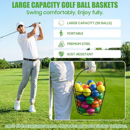 10L0L 2 Pack Metal Golf Ball Basket with Handle, Holds 50 Balls Each, Driving Range Practice Ball Bucket, Black (GolfBalls Not Included)