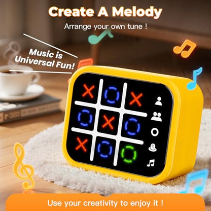 Rechargeable Tic Tac Toe Game Box with 5 Fun Brain Memory Games, Electronic Touchscreen Handheld Game, Portable Digital Puzzle Board Travel Toy, Gifts Choice for Kids and Adults(Yellow)
