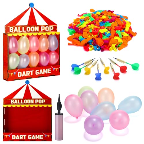 Seenelling Balloon Dart Carnival Game Set Carnival Themed Wooden Box with 500 Balloon 8 Colorful Darts Adhesive Dots for Booth Game Birthday Party Backyard Lawn Event 16.5'' x 12.5'' x 4.5''