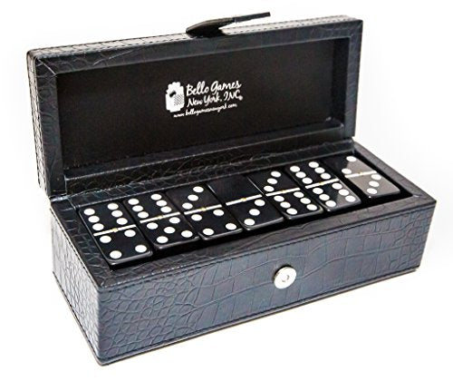 Bello Games New York, Inc. Flushing Meadows Double Six Black Professional Jumbo Size Tournament Dominoes Set with Spinners in a Black Leatherette Case