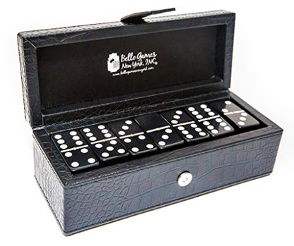 Bello Games New York, Inc. Flushing Meadows Double Six Black Professional Jumbo Size Tournament Dominoes Set with Spinners in a Black Leatherette Case