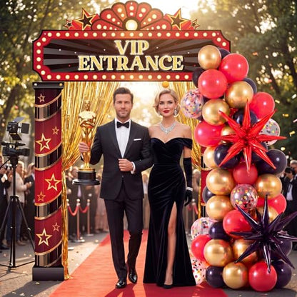 Peryiter 122 Pcs Movie Night Party Decorations VIP Entrance Backdrop Banner Set Red & Black Foil Fringe Curtain Balloon Arch Kit Movie Themed Supplies for Birthday Film Premiere - style: Movie Night