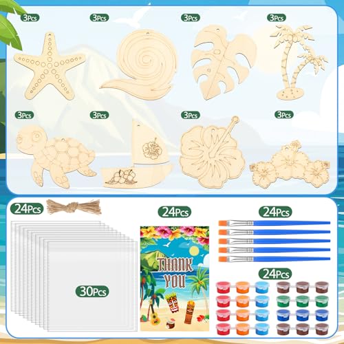 Saypacck 24 Pcs Hawaii Party Favors Wooden Painting Craft Kits Birthday Party Supplies with Organza Bag for Goodie Bags Fillers Adult Thank You Gifts - style: Hawaiian