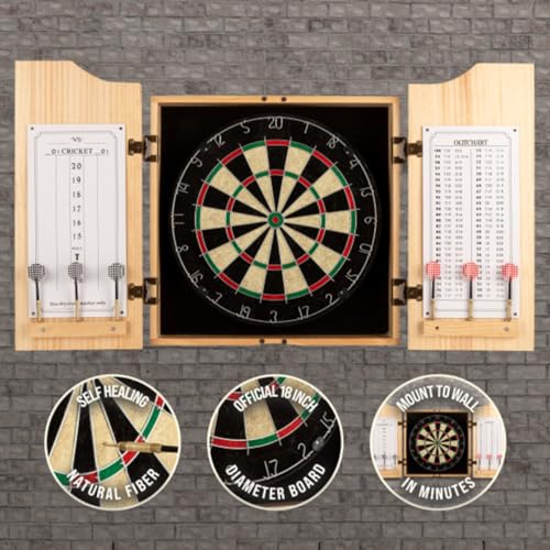 Dart Board Cabinet Set - Natural Pinewood Cabinet with Self-Healing Sisal Dartboard, 6 Steel Tip Darts, Dart Holders, Scoreboard, and Out Chart - Man Cave, Bar or Game Room Decor by Trademark Gameroom