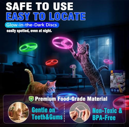Cat Fetch Toy Automatic Disc Launcher 6 Discs USB-C White | Automatic launcher with 6 discs (3 Glow-in-Dark). 30m range. USB-C rechargeable 1200mAh battery. Interactive toy for cats.