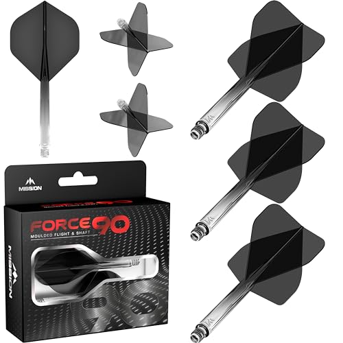 Mission Darts Force 90 | Integrated Precision Moulded Dart Flight and Shaft System, Pack of 3 Professional Highly Durable Combined Dart Flights and Stems | Standard No.2 (Black Gradient, Short).
