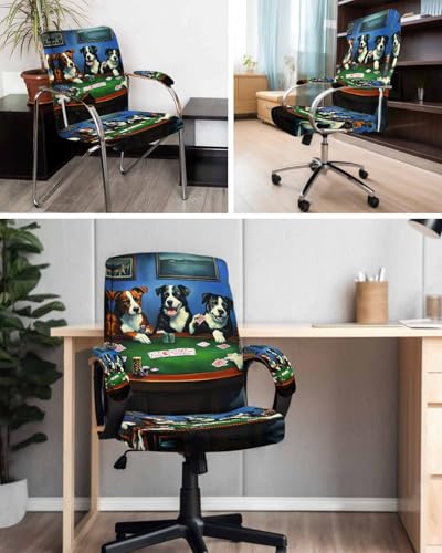 Abstract Animal Office Chair Cover with Armrest Covers, Dog in The Room Play Poker Games Universal Stretch Desk Rotating Chair Slipcovers, Removable Seat Protector with Zipper, S - color: Dark Green Brown, size: Small & 2PCS Armrest Covers