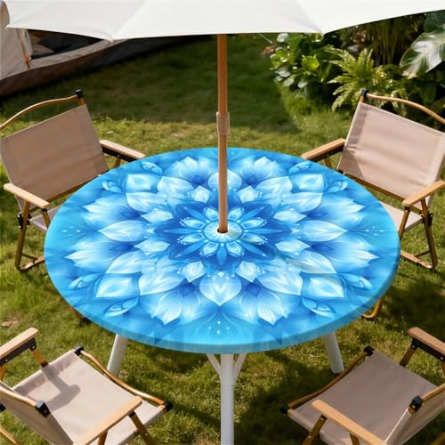 Round Outdoor Tablecloth with Umbrella Hole, Zippered Fitted Waterproof Tablecover with Elastic Edge Fits 53"-60" Round Tables for Patio Picnic Garden Camping Party, Blue Mandala Pattern - color: Blue Mandala, size: 60" (Round)