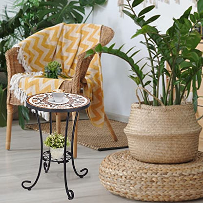 VCUTEKA Outdoor Side Table Mosaic Patio Table Accent Tables Mosaic Tile Top Metal Frame Small End Tables Porch Beach Patio Garden Balcony Russet 14'' - color: Russet