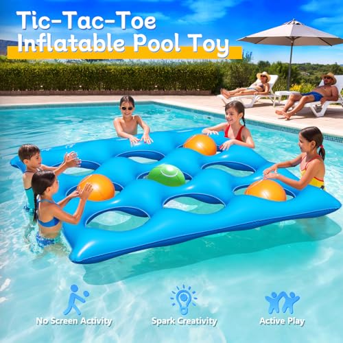 Giant Tic-Tac-Toe Pool Toys Games Set, Inflatable Pool Tic-Tac-Toe Game Float with 10 Balls, 2-10 Players Floating Pool Toys for Kids, Fun Pool Games Party Beach Toy for Teens Adults & Family