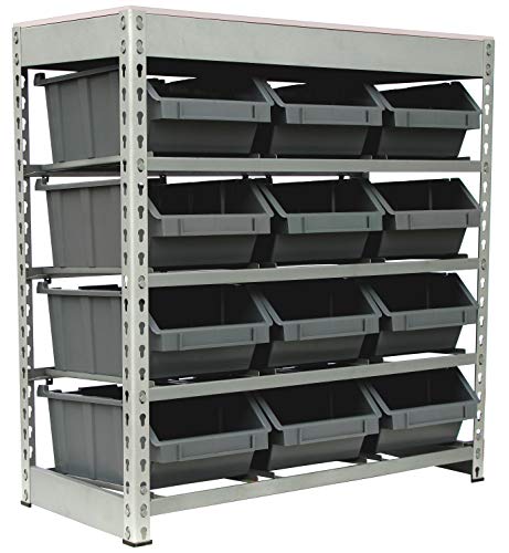 King's Rack Bin Rack Boltless Steel Storage System Organizer w/ 12 Plastic Bins in 4 tiers - size: 4 Tiers - 12 Bins