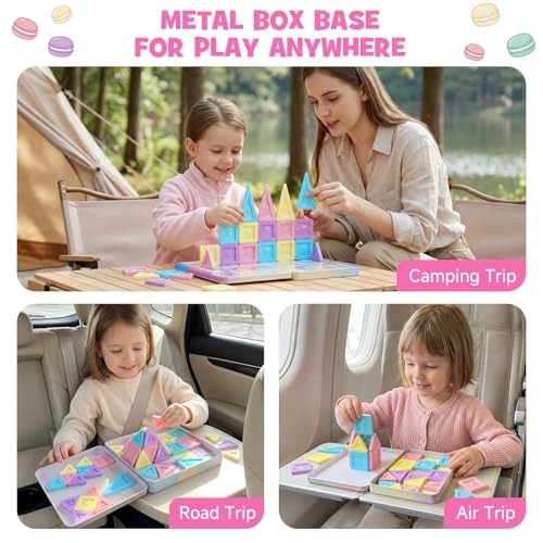 burgkidz Travel Magnetic Tiles for Girls : 40 PCS Macaron Mini Magnet Blocks with Pink Tin Box - 120 Mins Quiet Play for Airplane Car Essentials, Present for Girls Ages 3-8 Year Old