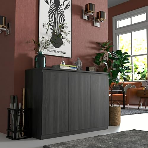 holzart 43" Dark Grey Buffet Cabinet Sideboard with Storage - Modern 3-Door Wood Grain Kitchen Cupboard & Coffee Bar Station for Dining Room, Living Room - Adjustable Shelf, 43.3" W x 31.5" H - color: Dark Grey