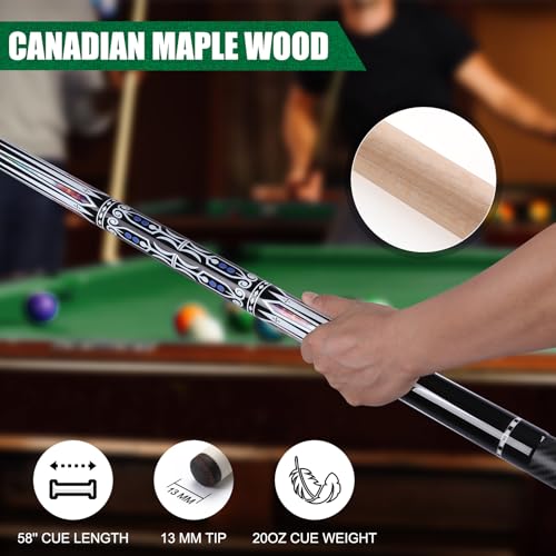 Premium Pool Cue Stick Set, 58'' Billiard Cues Canadian Maple Wood Stick 13mm Tip with Pool Cue Case, Telescopic Carbon Fiber Extension Cue & Billiards Accessories for Billiards Player - style: 21OZ
