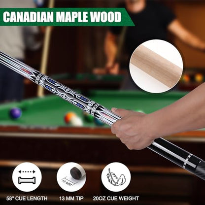 Premium Pool Cue Stick Set, 58'' Billiard Cues Canadian Maple Wood Stick 13mm Tip with Pool Cue Case, Telescopic Carbon Fiber Extension Cue & Billiards Accessories for Billiards Player - style: 21OZ