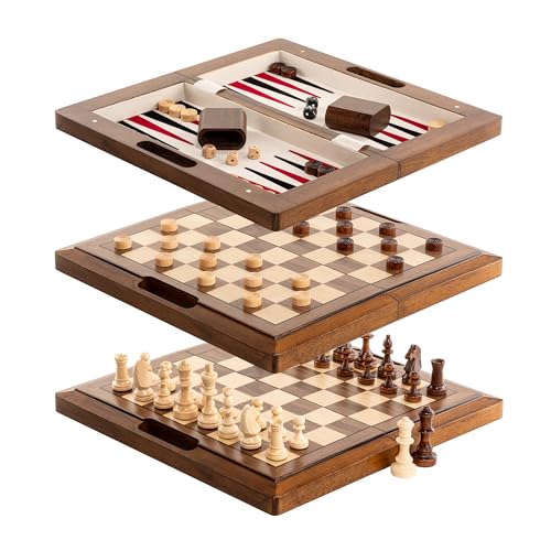 15.5'' Deluxe Solid Wood 3-in-1 Chess Set: Portable Chess, Backgammon, and Checkers with Hollow Handle Box, Folding Board for Travel, Suitable for Adults
