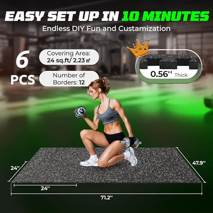 PRAISUN 0.56" Rubber Top Gym Flooring, Heavy Duty Interlocking Gym Mats for Home Gym, Non-Slip Workout Mat, 24 x 24in Large Gym Floor Mat, Protect Floors from Weights & Equipment, 24 Sq Ft, Black/Grey - size: 6 Tiles (24 Sq Ft)