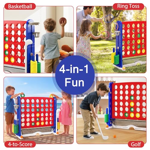 OLAKIDS Giant Connect Game Outdoor, 4 in A Row with Adjustable Height, Mesh Net, Carry Bag, Golf, Basketball Hoop, Ring Toss, Cup Holder for Kids Adults Indoor Backyard (Red) - color: Red