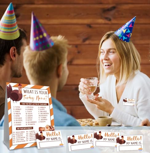 Thanksgiving Party Decorations, Thanksgiving Games for Adult Turkey Hunt Game, What's Your Turkey Name,1 Game Sign and 30 Name Stickers, Activity Games for Adult Parties, Holiday Activity - style: Thanksgiving 001