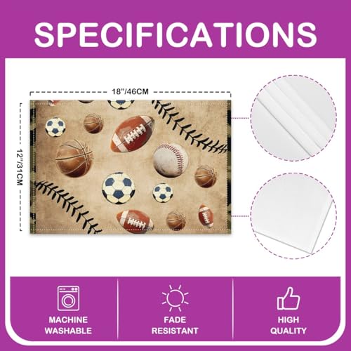 Erosebridal Set of 4 Balls Placemats 12X18 Inch,Retro Sports Theme Place Mats for Boys Youth Teens Children,Football Basketball Baseball Game Gaming Leaves Waterproof Placemats for Kitchen Table - color: Black White Brown