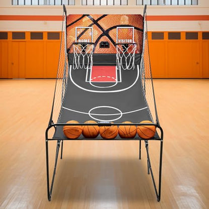LOYALHEARTDY Dual Shot Arcade Basketball Game, Indoor/Outdoor, Electronic, Foldable, LED Scoreboard, 8 Game Modes, 5 Balls, Orange/Black Finish