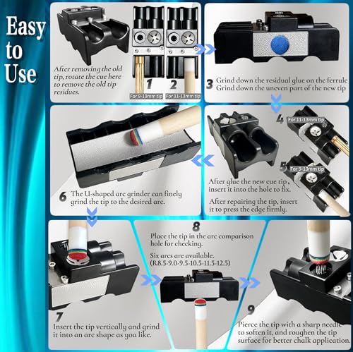 Tai ba cues 9-in-1 Pool Cue Tip Shaper & Scuffer, Professional Pool Cue Tip Tool for Tip Repair, Shaping, Replacement and Maintenance. Pool Cue Tips Replacement Kit, Pool Cue Shaper Trimmer
