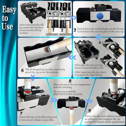 Tai ba cues 9-in-1 Pool Cue Tip Shaper & Scuffer, Professional Pool Cue Tip Tool for Tip Repair, Shaping, Replacement and Maintenance. Pool Cue Tips Replacement Kit, Pool Cue Shaper Trimmer