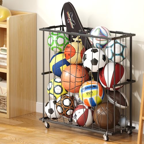 Large Capacity Garage Ball Storage- [Hold 16-20 Balls]: Rolling Sports Equipment Organizer Cart with Elastic Rope, Ball Rack with Wheels for Basketball, Soccer, Football, Indoor/Outdoor, Black - color: Black-large (With Wheels)