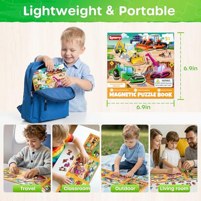 SYNARRY Magnetic Puzzles for Toddlers 3-5, Toddler Travel Toys Construction Toys Excavator Puzzles for Kids Age 3-5, Vehicle Puzzles for Kids Ages 4-6, Car Airplane Road Trip Activities Easter Gifts
