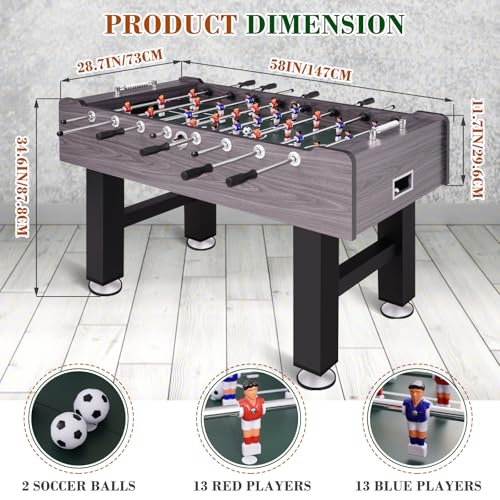 58 Inch Large Size Foosball Table Adult Size, Full Size Soccer Game Table w/2 Balls, Leg Levelers & Heavy-Duty Legs, Durable Arcade Football Table for Game Room, Home, Office, Party