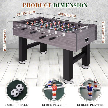 58 Inch Large Size Foosball Table Adult Size, Full Size Soccer Game Table w/2 Balls, Leg Levelers & Heavy-Duty Legs, Durable Arcade Football Table for Game Room, Home, Office, Party