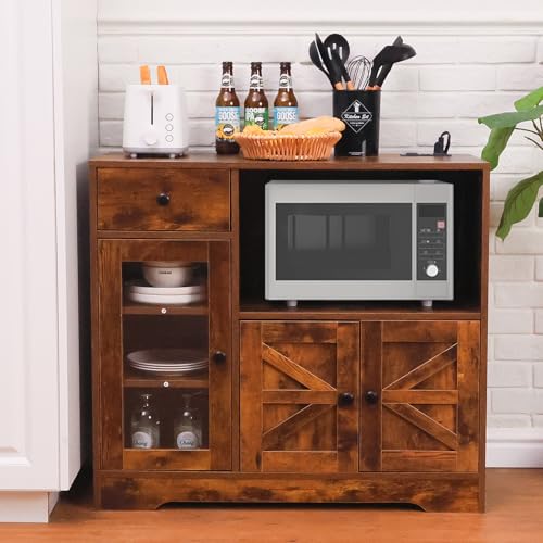 Storage Cabinet with Power Outlet, 35"" Modern Sideboard Buffet Cabinet w/Adjustable Shelf, Wooden Kitchen Cabinet with Open Shelves for Living Room, Dining Room, Kitchen, Brown, 1 PCS - color: Brown, style: Microwave Cabinet
