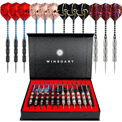 WINSDART Steel Tip Darts 12 Pack Set with Nonslip Iron Barrel Aluminum Dart Shafts and Flights Darts Sharpener an Gift Box - color: Black & Silver-Darts-A