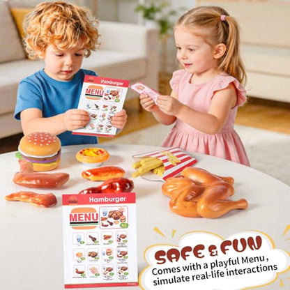 Wooden Play Food for Kids Kitchen Set with 10 Stacking Challenge Cards, 40+ Pcs Fake Fast Food Hamburger Toy with Roast Chicken & Play Money, Pretend Play Toys Birthday Gift for Toddlers Age 2-6