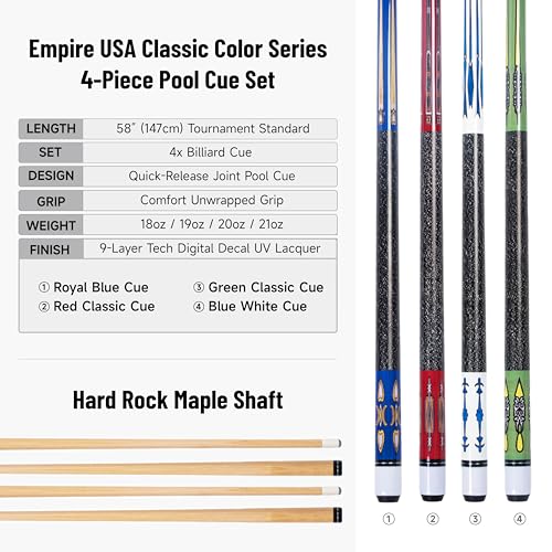 Empire USA Pool Cue Set of 4 – 58" Billiard House Bar Pool Cue Sticks, Durable Hardwood Pool Sticks for Adults, Professional Style Cue Stick Set for Home Game Room & Bar Use