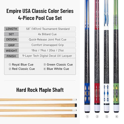 Empire USA Pool Cue Set of 4 – 58" Billiard House Bar Pool Cue Sticks, Durable Hardwood Pool Sticks for Adults, Professional Style Cue Stick Set for Home Game Room & Bar Use