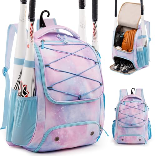 Youth Baseball Bag Backpack with Bat Holder for Boys Girls Baseball & Softball Bat Bag for T-Ball Equipment, Kids Baseball Backpack with Shoe Compartment & Glove Storage - color: Pastel Galaxy