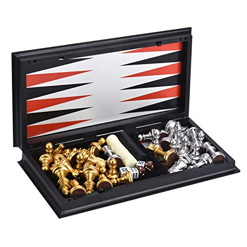 3 in 1 Magnetic Chess Checkers Backgammon Board Game Set with 12.5 Inch Folding Board Travel Games for Kids and Adults (Chess: Gold & Silver) - color: Chess: Gold & Silver