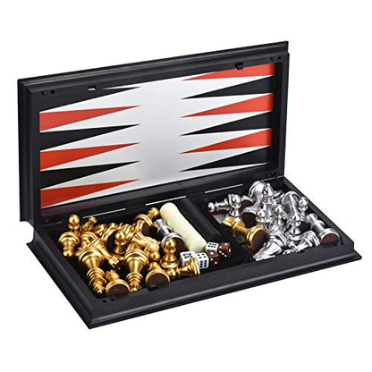 3 in 1 Magnetic Chess Checkers Backgammon Board Game Set with 12.5 Inch Folding Board Travel Games for Kids and Adults (Chess: Gold & Silver) - color: Chess: Gold & Silver