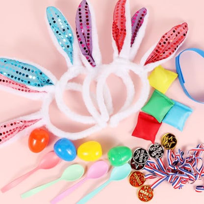 Atonofun Easter Outdoor Party Games for Kids, Potato Sack Race Jumping Bags, Bunny Ears Headbands, Egg and Spoon Race, Legged Relay Race Bands for Easter Theme Party Favor, Easter Eggs Hunt Game